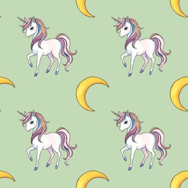 Tek boynuzlu at, kusursuz desenli Pastel Yeşil Arkaplanda Küçük Tasarım