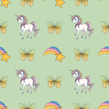 Pastel Sarı ve Yeşil Kelebek ve Düşen Gökkuşağı Yıldızlı Tek Boynuzlu At Pastel Yeşil Arkaplanda Küçük Tasarım