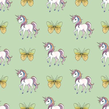 Pastel sarısı ve yeşil kelebekli tek boynuzlu at. Dikensiz desenli Pastel yeşili arka planda küçük tasarım.