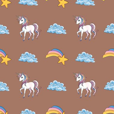 Gökkuşağı Yıldızlı Tekboynuz ve Bulutsuz Kalıp Mocha Yosun Arkaplanında Küçük Tasarım