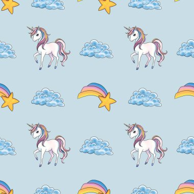 Gökkuşağı Düşen Yıldız ve Bulutsuz Şablon Küçük Tasarım Pastel Mavi Arkaplanda