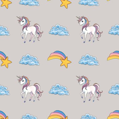 Gökkuşağı Düşen Yıldız ve Bulutsuz Şablon Pastel Gri Arkaplanda Küçük Tasarım