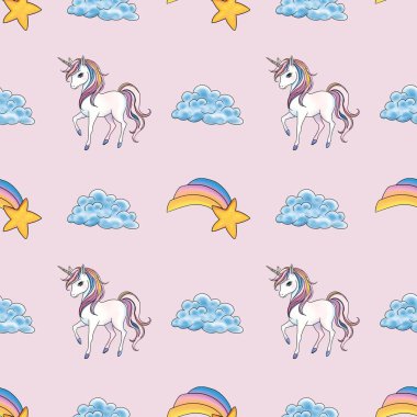 Gökkuşağı Düşen Yıldız ve Bulutsuz Şablon Pastel Pembe Arkaplanda Küçük Tasarım