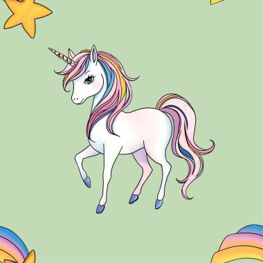 Gökkuşağı Düşen Yıldızlı Tekboynuz Kusursuz Şablon Pastel Yeşil Arkaplanda Büyük Tasarım