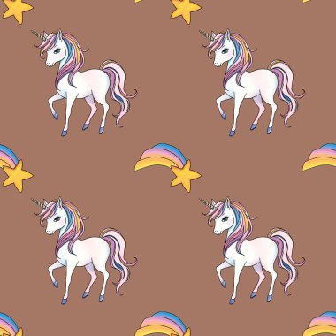 Gökkuşağı Düşen Yıldızlı Tekboynuz Kusursuz Şablon Mocha Yosun Üzerinde Küçük Tasarım