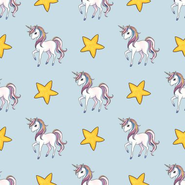 Tek boynuzlu at Pastel Mavisi Arkaplanda Küçük Tasarım