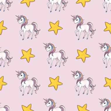 Pastel Pembe Arkaplanda Küçük Tasarım Yıldız Kusursuz Desenli Tekboynuz