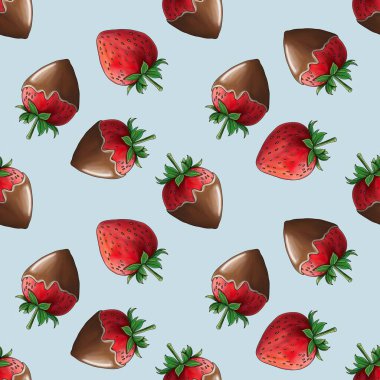 Siyah Çikolata kaplı çilekler, Tatlı Çilek ve Beyaz Çikolata kaplı Çilekler Pastel Mavi Arkaplanda Küçük Tasarım