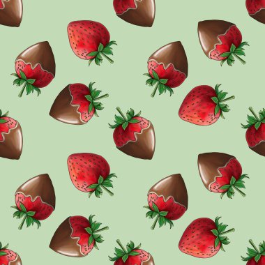 Koyu Çikolata kaplı Çilek, Tatlı Çilek, ve Beyaz Çikolata kaplı Çilek Pastel Yeşil Arkaplanda Küçük Tasarım