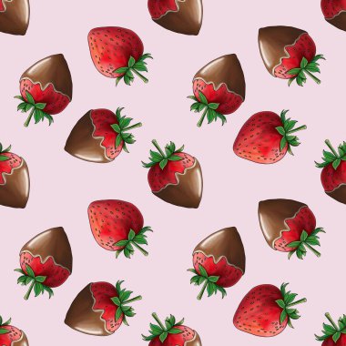Koyu Çikolata kaplı Çilek ve Tatlı Çilek ile Beyaz Çikolata kaplı Çilek Pastel Pembe Arkaplanda Küçük Tasarım