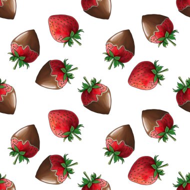 Siyah Çikolata kaplı Çilekler ve Tatlı Çilek ve Beyaz Çilek kaplı Küçük Tasarım Beyaz Arkaplanda