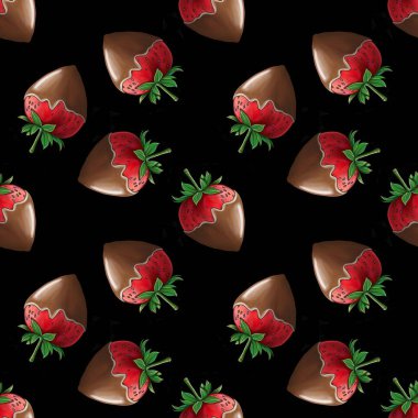 Kara Çikolata kaplı Çilekler Kara Arkaplanda Küçük Tasarımlı Kusursuz Desenli Desen