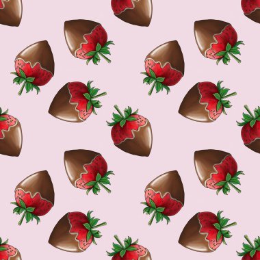 Koyu Çikolata kaplı Çilekler Pastel Pembe Arkaplanda Küçük Tasarım