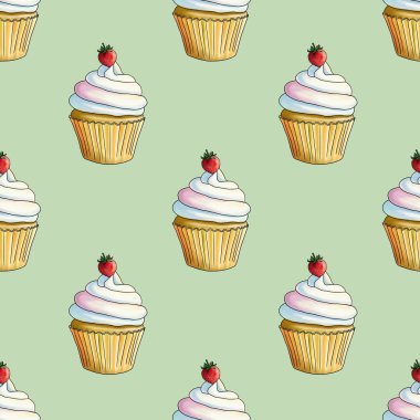 Taze Çilekli Kekler Pastel Yeşil Arkaplanda Kusursuz Desen