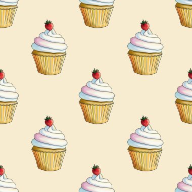 Pastel Sarı Arkaplanda Taze Çilekli Kekler