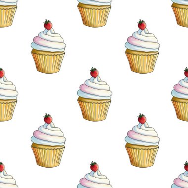 Taze Çilekli Kekler Beyaz Arkaplanda Kusursuz Desen