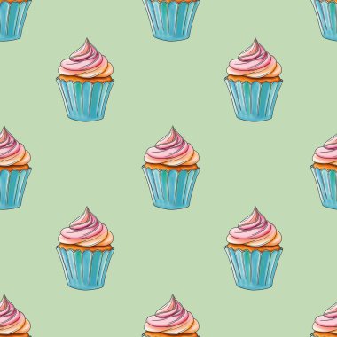 Taze Tatlı Kekler Pastel Yeşil Arkaplanda Kusursuz Desen