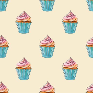 Taze Tatlı Kekler Pastel Sarı Arkaplanda Kusursuz Desen