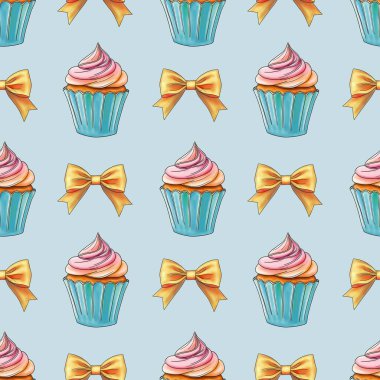 Pastel Mavi Arkaplan 'da Altın Fiyonklu Taze Tatlı Kekler