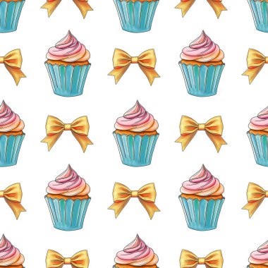 Taze Tatlı Kekler, Beyaz Arkaplanda Altın Yay Kusursuz Desenli