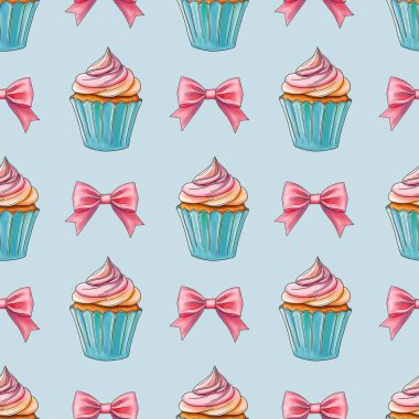 Pastel Mavi Arkaplanda Pembe Fiyonklu Taze Tatlı Kekler