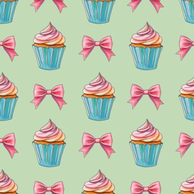 Pastel Yeşil Arkaplanda Pembe Fiyonklu Taze Tatlı Kekler