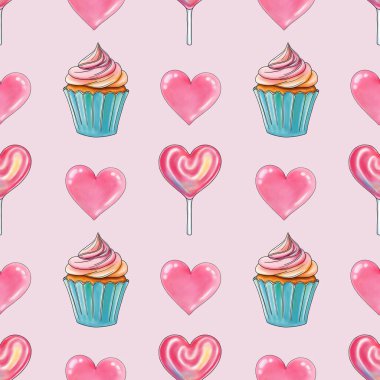 Pembe Kalpli Taze Tatlı Kekler ve Pembe Yürekli Lolipoplar Pastel Pembe Arkaplanda Kusursuz Şekiller