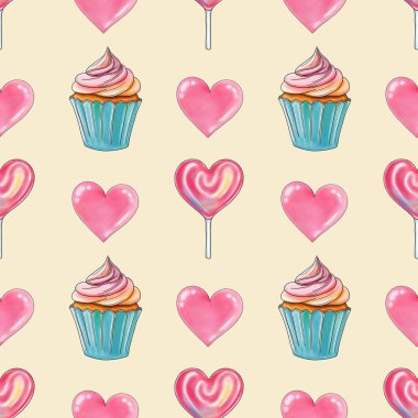 Pastel Sarı Arkaplanda Pembe Kalp ve Pembe Kalp lolipopları olan Taze Tatlı Kekler