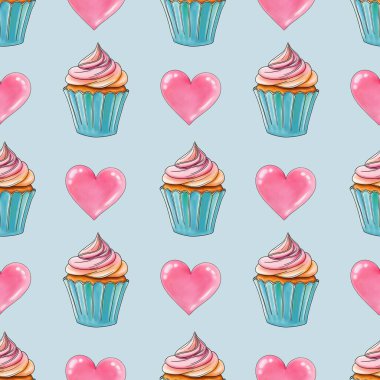 Pastel Mavi Arkaplanda Pembe Kalpli Taze Tatlı Kekler