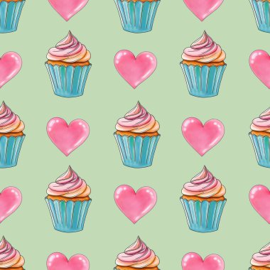 Pastel Yeşil Arkaplanda Pembe Kalpli Taze Tatlı Kekler