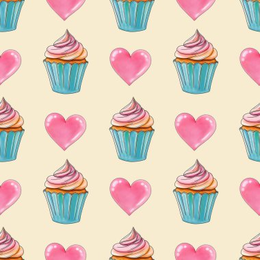 Pastel Sarı Arkaplanda Pembe Kalpli Taze Tatlı Kekler