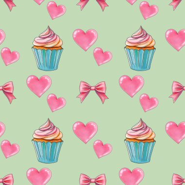 Pastel Yeşil Arkaplanda Pembe Fiyonklu Kalpler ve Tatlı Kekler