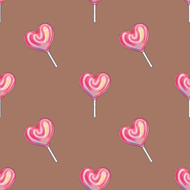 Pembe Kalp Lolipopları Mocha Mousse Arkaplanında Kusursuz Desen