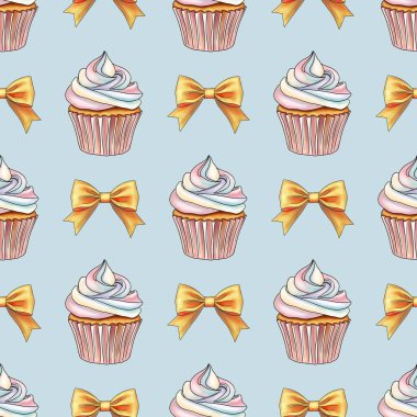 Pastel Mavi Arkaplanda Altın Fiyonklu Gökkuşağı Tatlı Kekleri