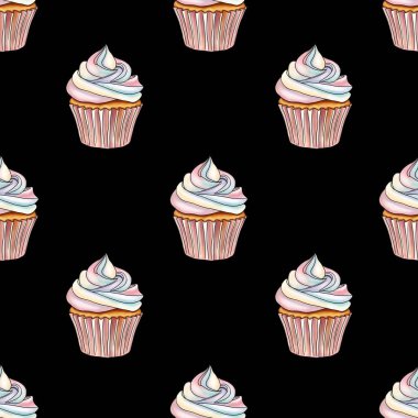 Gökkuşağı Tatlı Kekleri Siyah Arkaplanda Kusursuz Desen