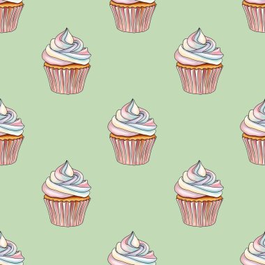 Gökkuşağı Tatlı Kekleri Pastel Yeşil Arkaplanda Kusursuz Desen