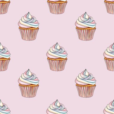 Pastel Pembe Arkaplanda Gökkuşağı Tatlı Kekler Kusursuz Desenli