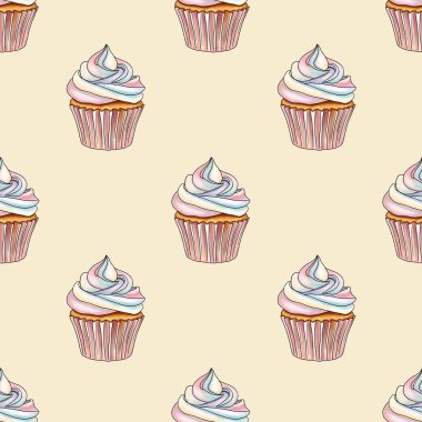 Pastel Sarı Arkaplanda Gökkuşağı Tatlı Kekler Kusursuz Desenli