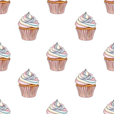 Gökkuşağı Tatlı Kekler Beyaz Arkaplanda Kusursuz Desen