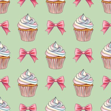 Pastel Yeşil Arkaplanda Pembe Fiyonklu Gökkuşağı Tatlı Kekleri