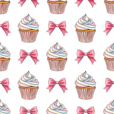 Pembe Fiyonklu Gökkuşağı Tatlı Kekleri Beyaz Arkaplanda Kusursuz Desen