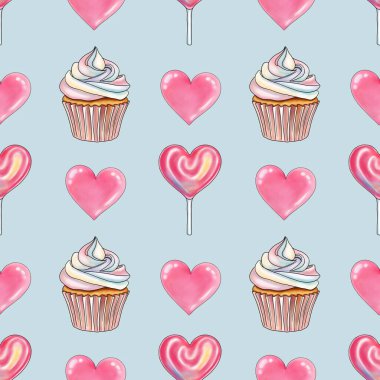 Pembe Kalp ve Pembe Kalp Lolipoplu Gökkuşağı Tatlı Kekleri Pastel Mavi Arkaplanda