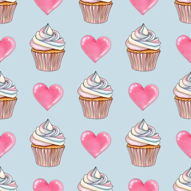 Pastel Mavi Arkaplanda Pembe Kalpli Gökkuşağı Tatlı Kekler