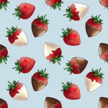 Tatlı Çikolata kaplı Çilekler Pastel Mavi Arkaplanda Kusursuz Desen