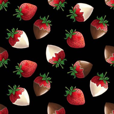 Tatlı Çikolata kaplı Çilekler Siyah Arkaplanda Kusursuz Desen