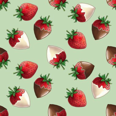 Tatlı Çikolata kaplı Çilekler Pastel Yeşil Arkaplanda Kusursuz Desen