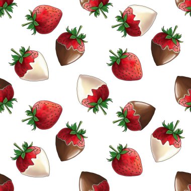 Tatlı Çikolata kaplı Çilekler Beyaz Arkaplanda Kusursuz Desen
