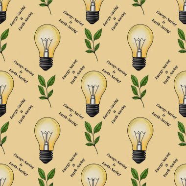 Ampul ve Yeşil Yapraklı Enerji tasarrufu Pastel Sarı Arkaplanda Küçük Kusursuz Kalıp