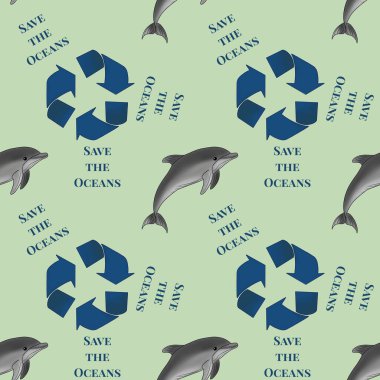 Pastel Yeşil Arkaplanda Okyanusları ve Yunusları Koru Küçük Kusursuz Desen