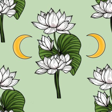 Beyaz Kutsal Lotus Yapraklar ve Ay Pastel Yeşil Arkaplanda Büyük Kusursuz Desen
